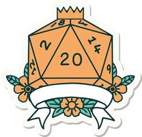 sticker of a natural 20 critical hit D20 dice roll vector