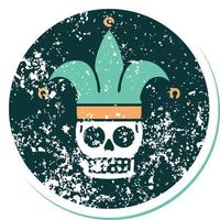 iconic distressed sticker tattoo style image of a skull jester vector