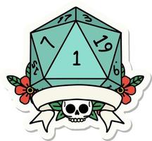 sticker of a natural one d20 dice roll vector