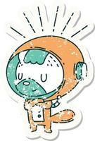 worn old sticker of a tattoo style animal in astronaut suit vector