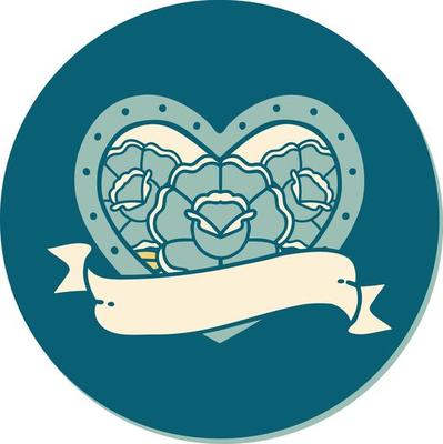 sticker of tattoo in traditional style of a heart and banner with flowers
