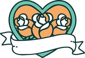 iconic tattoo style image of a heart and banner with flowers vector