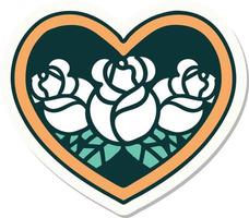 sticker of tattoo in traditional style of a heart and flowers vector