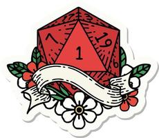 sticker of a natural one d20 dice roll vector