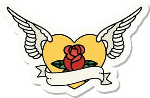 sticker of tattoo in traditional style of a flying heart with flowers and banner vector