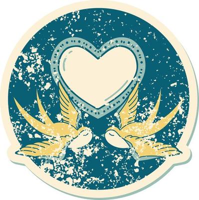 iconic distressed sticker tattoo style image of swallows and a heart