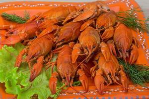 Boiled crayfish on the plate photo