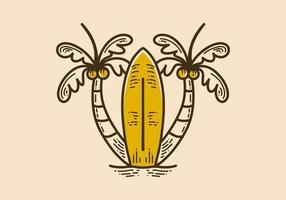 Surfboard with two coconut trees retro vintage art drawing vector