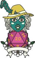 Retro Tattoo Style half orc bard with natural 20 dice roll vector