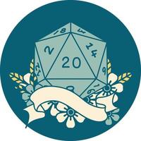 Retro Tattoo Style natural twenty D20 dice roll vector