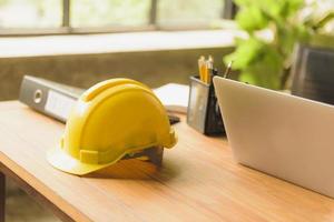 Work table with helmet. photo