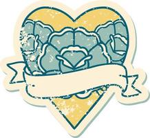 iconic distressed sticker tattoo style image of a heart and banner with flowers vector