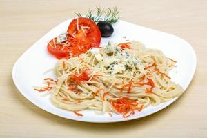 Cheese pasta on the plate and wooden background photo