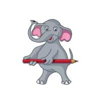 diseño de ilustración de dibujos animados de elefante lindo acuarela sonriendo llevando un lápiz vector