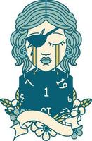 Retro Tattoo Style crying human rogue with natural one D20 roll vector