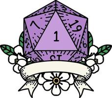 Retro Tattoo Style natural one d20 dice roll vector