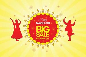 Happy Navratri big sale offer logo unit, banner, Big sale logo design with illustration of man and woman dancing with dandiya stick. vector