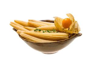 Baby corn in a bowl on white background photo