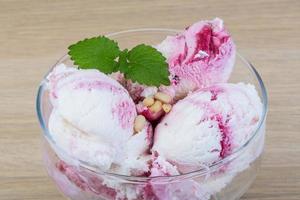 Ice cream with cedar and mint leaves photo