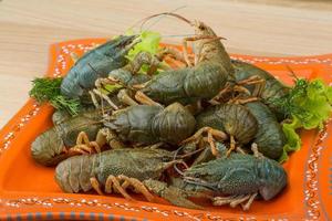 Raw Crayfish on the plate and wooden background photo