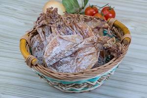 Dried squid in a basket on wooden background photo