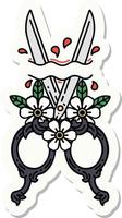 sticker of tattoo in traditional style of barber scissors and flowers vector