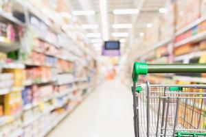 Empty green supermarket shopping cart with abstract blur grocery store aisle defocused background photo