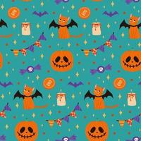 Vector seamless pattern for Halloween with cat and pumpkin