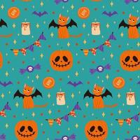 Vector seamless pattern for Halloween with cat and pumpkin