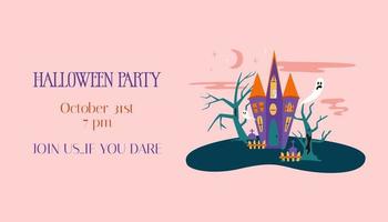 Halloween party intitation with haunted house. Spooky illustration of creepy trees, ghost and house with copy space vector