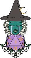 Retro Tattoo Style crying half orc witch with natural one D20 dice roll vector