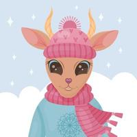 lindo antílope navideño con sombrero, suéter y bufanda. postal de invierno. ilustración vectorial estilo de dibujos animados vector