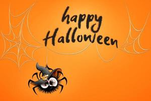 Cute cartoon funny little spider in witch hat with text Happy Halloween and hanging on his spiderweb. vector