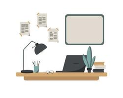 Freelance concept. Home or office workplace with table, laptop computer, books, lamp, pencil cup, cactus, desk and files on the wall. Modern colorful flat style vector illustration.