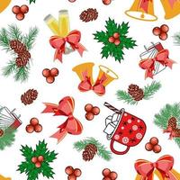 Seamless holiday pattern with Christmas decorations, mugs of hot chocolate, holly, cones, bows, candles, and bells vector