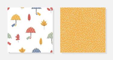 Set of two hand drawn seamless patterns with umbrellas, leaves and rain. Autumn season design for textile, wrapping paper, clothes vector