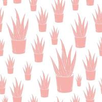 Pink aloe vera plant in a pot seamless pattern on white. Hand drawn flat vector illustration