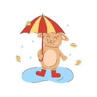 conejo camina con un paraguas y botas de goma bajo la lluvia. carácter otoñal y hojas. lindo conejito beige. ilustración vectorial estacional en estilo plano vector