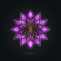 Purple Lotus flower, sacred geometry mandala, golden luxury ornament, gold line art floral logo. Flower blossom symbols of yoga, spa, beauty salon, cosmetics, relax, brand style. Vector isolated