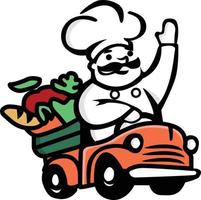 icon illustration of a chef driving a vegetable car vector