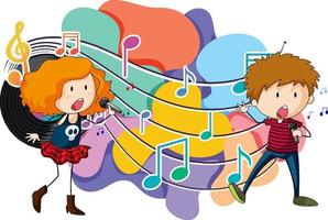 Singer boy and girl cartoon with music melody symbols vector