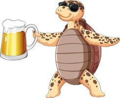 lindo personaje de dibujos animados de tortuga bebiendo cerveza vector