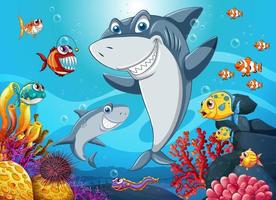 Funny shark with sea animals in the ocean vector