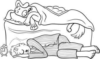 Dibujo de perro durmiendo en la cama y su dueño en el suelo para colorear, pintar e imprimir vector