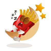 Cute french fries mascot sleeping, sleeping on the moon vector