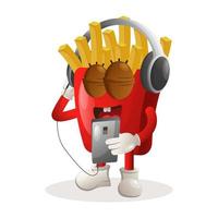 Cute french fries mascot listening music on a smartphone using a headphone vector