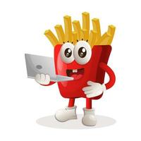 Cute french fries mascot working using a laptop vector