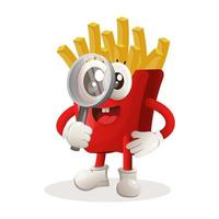 Cute french fries mascot conducting research, holding a magnifying glass vector