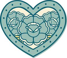 sticker of tattoo in traditional style of a heart and flowers vector