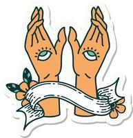 tattoo style sticker with banner of mystic hands vector